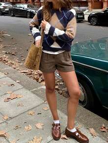 QUNGIGU Women's Loose Knit Sweater Pullover Classic Argyle Print Sweater Tops Preppy Vintage Long Sleeve Knitwear 90s Streetwear, Oversized Argyle Crew Neck Sweater - Navy Blue - View 4