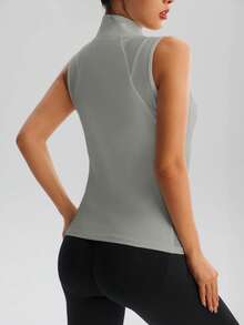 女士无袖运动上衣，立领半拉链透气网眼健身运动服，修身瑜伽服，健身房运动背心