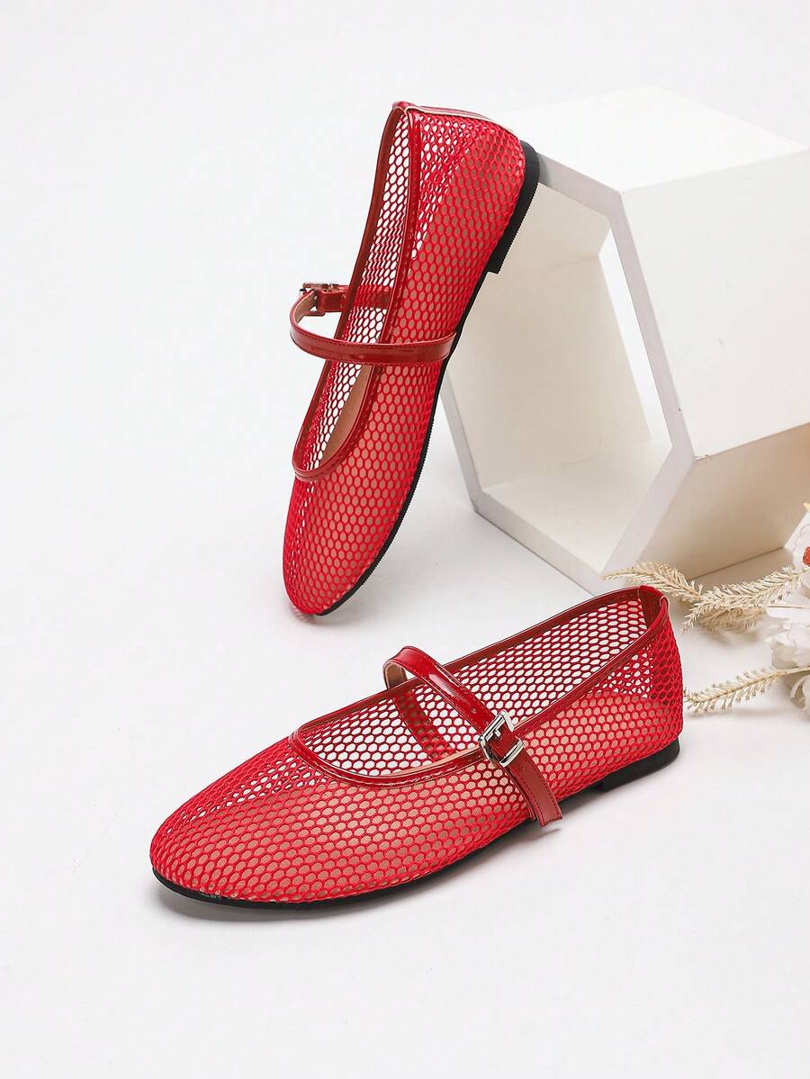 Women's Soft Bottom Breathable Mesh Mary Jane Ballet Flats, Red, Lightweight & Comfortable Round Toe Hollow Slip-On Casual Shoes - Red - View 1