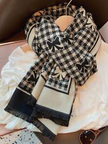 2-In-1 Black & Rice Colored Scarf For Women, Korean Style Warm & Versatile Shawl/Wrap, Thick & Long For Winter, Suitable For Air-Conditioned Rooms - Black - View 8