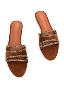 Women's Fashion Gold Crystal Rhinestone Thin Strap Chain Hollow Decor Brown Faux Suede Comfortable Round Toe Casual Party Flat Mule Sandals