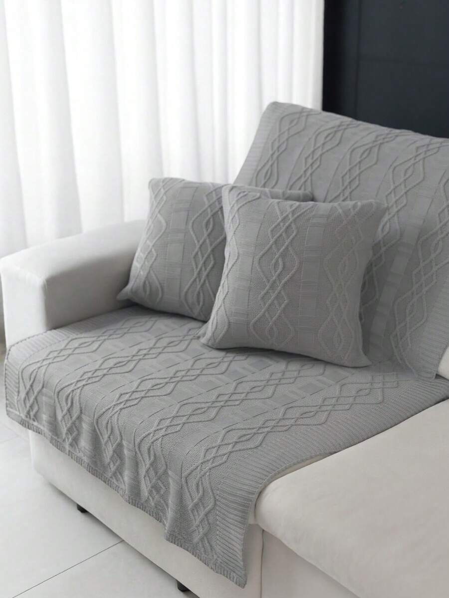 Maldives Decorative Knitted Blanket Set + 2 Knitted Cushion Covers For Sofa, Bed, Living Room - Light Grey - View 1