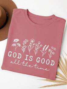 God Is Always Good, Women's Short-Sleeve T-Shirt With Wildflower Print, Round Neck, Straight Shoulder - 紅木色 - 查看 4