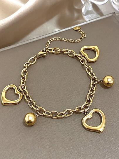 1 Pieza Pulsera con Colgante de Corazón Hueco - Cadena Gruesa Tono Dorado con Acentos de Cuentas Redondas | Longitud Ajustable, de Moda y Versátil, Adecuada para Uso Diario y de Fiesta, Regalo del Día de San Valentín