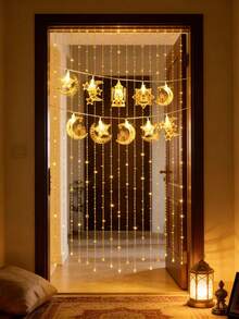 一套优雅的斋月月亮星星城堡LED灯串 - 暖金色灯光，电池供电，非常适合家居和户外装饰，斋月和开斋节庆祝活动 - 不含电池 - 暖白 - 查看 10