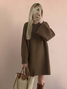 女士优雅宽松针织毛衣连衣裙，灰色圆领长袖，简约休闲，穿着舒适，适合日常和户外活动 - 棕色 - 查看 7