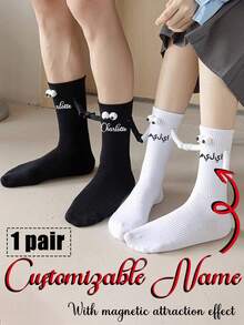 可定制姓名的磁性牵手袜 - 拥抱袜、脸部图案袜、可爱有趣的双人袜、甜蜜磁性连接礼物，适合送给女性、男性、青少年、情侣、朋友、男女朋友 | 圣诞节、情人节、周年纪念日的完美之选 - 彩色 - 查看 1