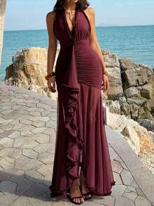 Unadoll 女士性感低胸露背系带长裙，腰部和臀部褶皱设计，褶皱网纱面料，优雅迷人，适合情人节、海滩度假、婚礼派对、生日庆祝等场合。 - 酒紅色 - 查看 8