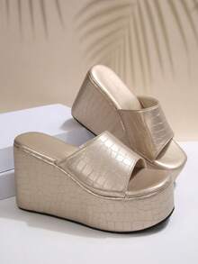 Damen Keilabsatz Peep Zehen Pantoffeln Strandschuhe, super leicht rutschfest bequem atmungsaktiv Plateau High Heels, lässige modische Sommer Outdoor Party Schuhe - Gold - Übersicht 7