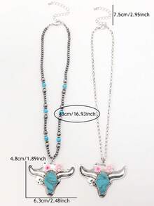 1件欧美嘻哈风格绿松石牛头花朵吊坠项链，女士及母女款 - 項鍊 - 查看 2