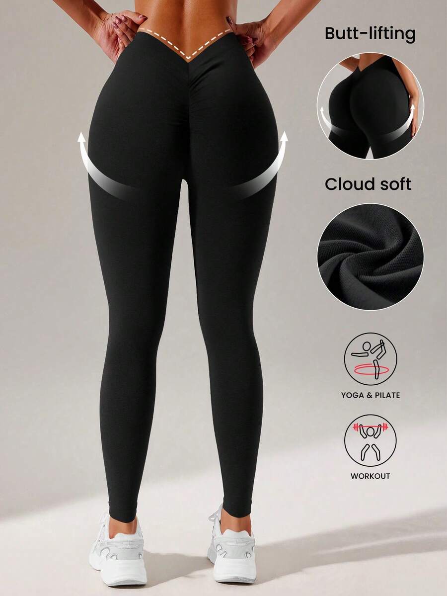 Women's Soft High Waist V-Back Seamless Leggings, Butt Lifting Yoga Pants, Seamless Fitness Leggings - Black - View 1