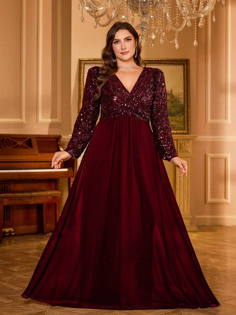 UNITHORSE V领长袖褶皱亮片拼接雪纺晚礼服 - 酒紅色 - 查看 1