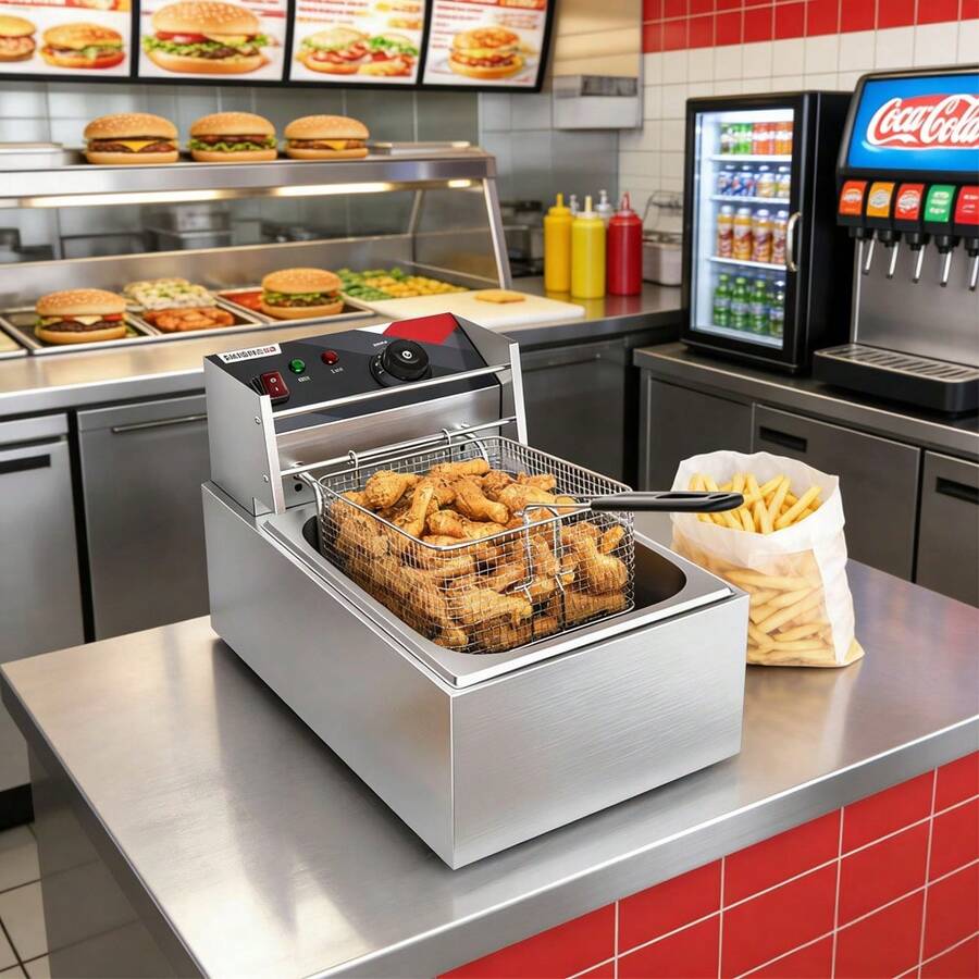 LÈRFM Freidora eléctrica enchufada en freidora comercial, pollo frito, hamburguesa, patatas fritas, fritura, máquina de pinchos en olla especial
