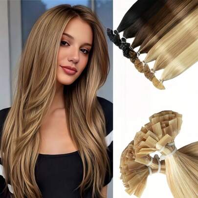 50 piezas/Paquete Extensiones de cabello humano, Extensiones de punta plana, Cabello liso de 14-22 pulgadas, Extensiones de queratina, Extensiones invisibles de cabello humano real F-Tip