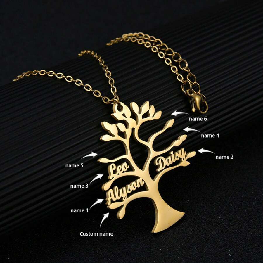 Personalized Family Tree Necklace (1-6 Names) - Stainless Steel Material, Elegant Minimalist Design, Perfect Gift For Mom, Grandma, Sisters - Personalized Gift, Anniversary Gift, Christmas Gift, Gold, Fashionable, Colorful, Retro, Unisex, Minimalist, Casual, Customized, Unique, Ideal Gift For Him, New Year Charm - Multicolor - View 1