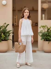 Vihyde 2pcs Girls Vacation Style Set: White Textured Halter Neck Sleeveless Top & Semi-Sheer Floral Trim Wide Leg Pants - White - View 6