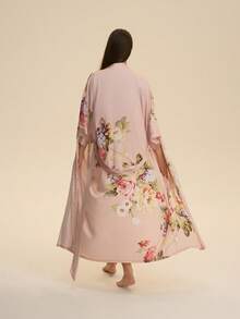 Elegant Vintage Loose Mid-Length Kimono Cover Up, Casual Homewear Robe With Tie Belt, Lightweight Summer Beach Swimsuit Cover Up Pink Spring - Pink - View 9