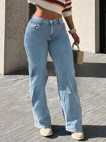 Women's Relaxed-Fit Jeans With Beaded Embellishments, Casual Street-Style Pocket Pants For Everyday Fashion. - 淺色水洗藍 - 查看 1