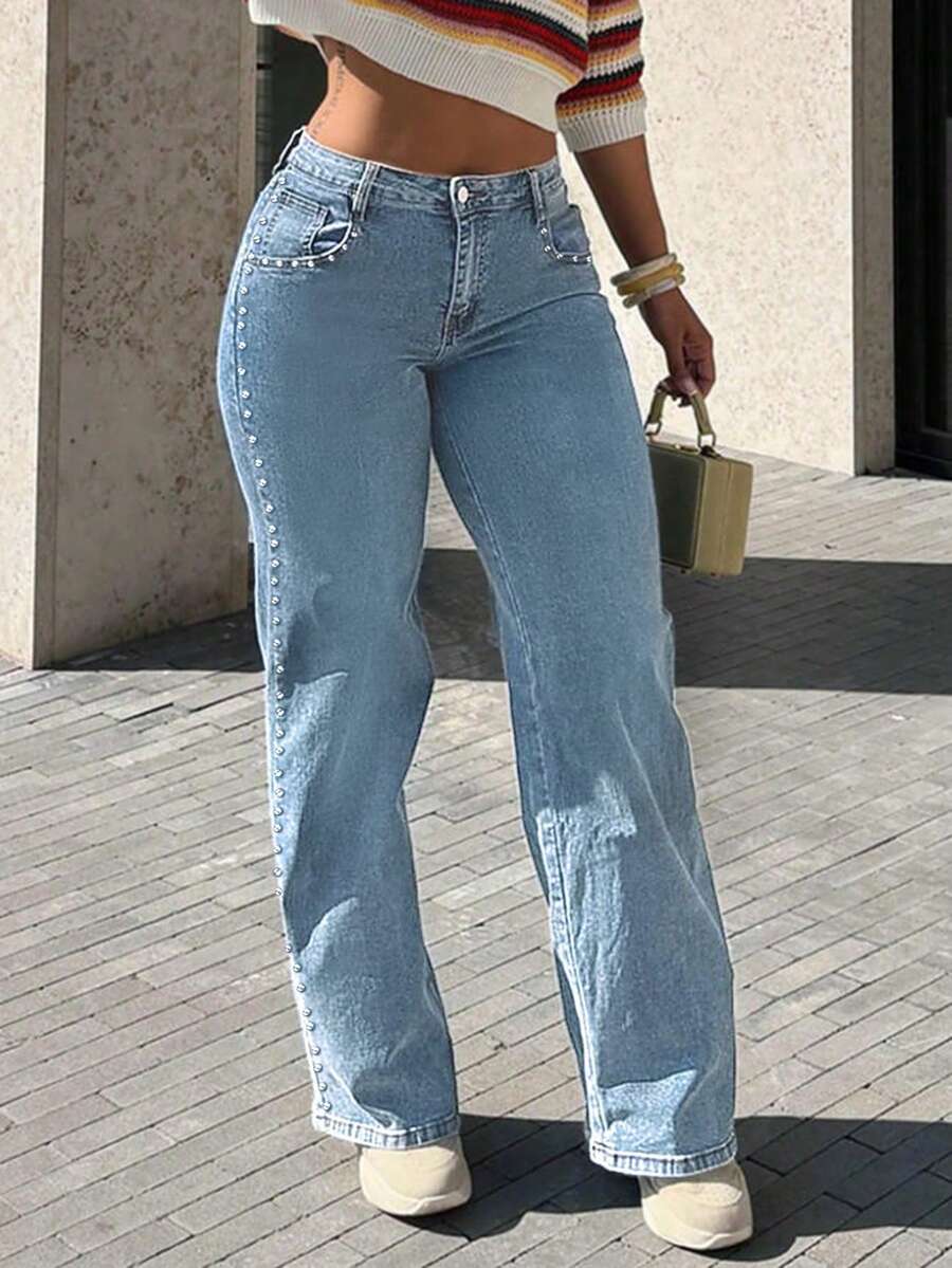 Women's Relaxed-Fit Jeans With Beaded Embellishments, Casual Street-Style Pocket Pants For Everyday Fashion. - 淺色水洗藍 - 查看 1