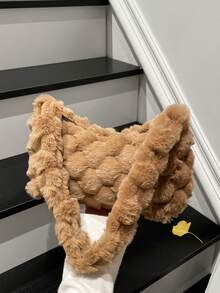 1 pieza Bolso de hombro de felpa de moda para mujer, bolso versátil de unicolor para otoño/invierno, adecuado para compras, trabajo, regalos - Marrón - Ver 7