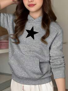 DEVIT - Sudadera negra para niña con capucha y estrella plateada al frente, estilo casual moderno sin jareta, ideal para invierno o uso diario, tela suave tipo french terry - Gris Claro - Ver 4