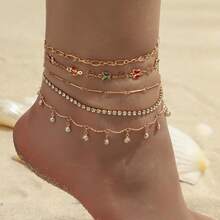 5-Piece Set. Multi-Layer Gold Anklet Set With Pearl Rhinestone Butterfly Charm Bohemian Beach Vacation Foot Jewelry - Multicolor - View 1
