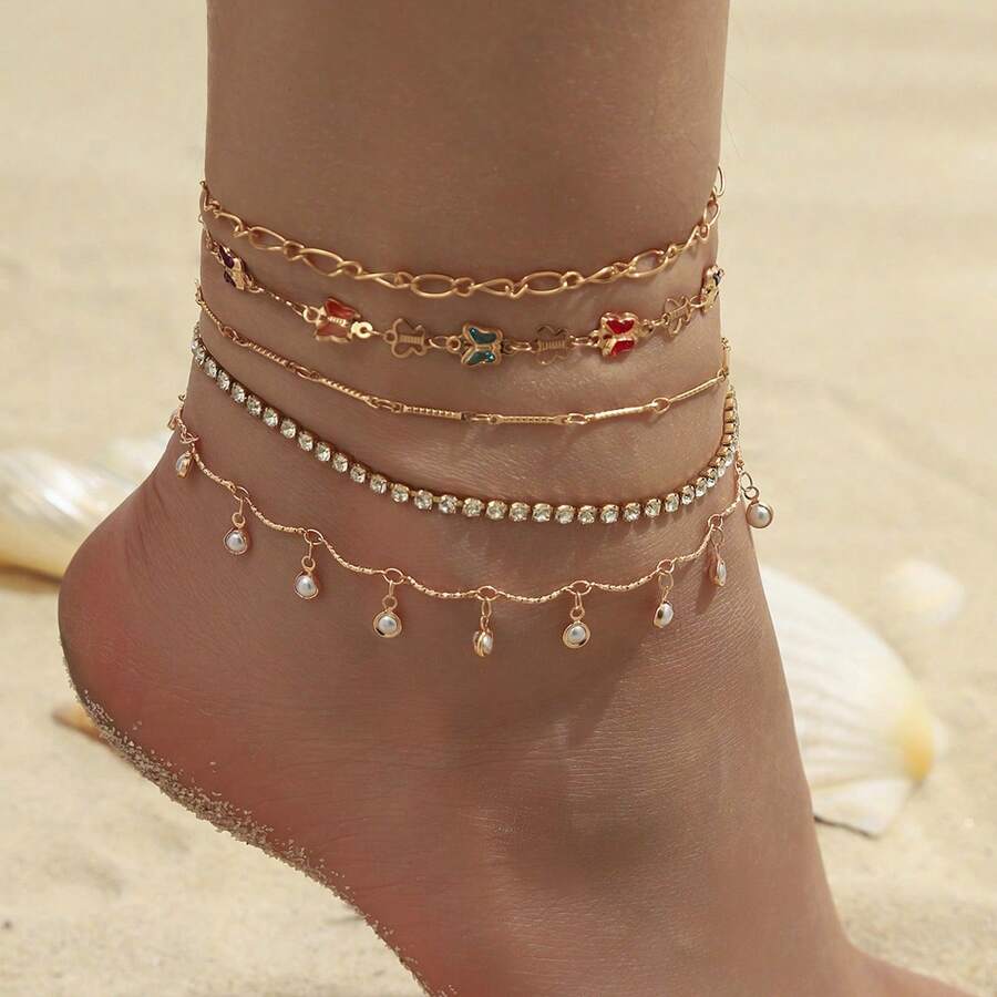 5-Piece Set. Multi-Layer Gold Anklet Set With Pearl Rhinestone Butterfly Charm Bohemian Beach Vacation Foot Jewelry - Multicolor - View 1