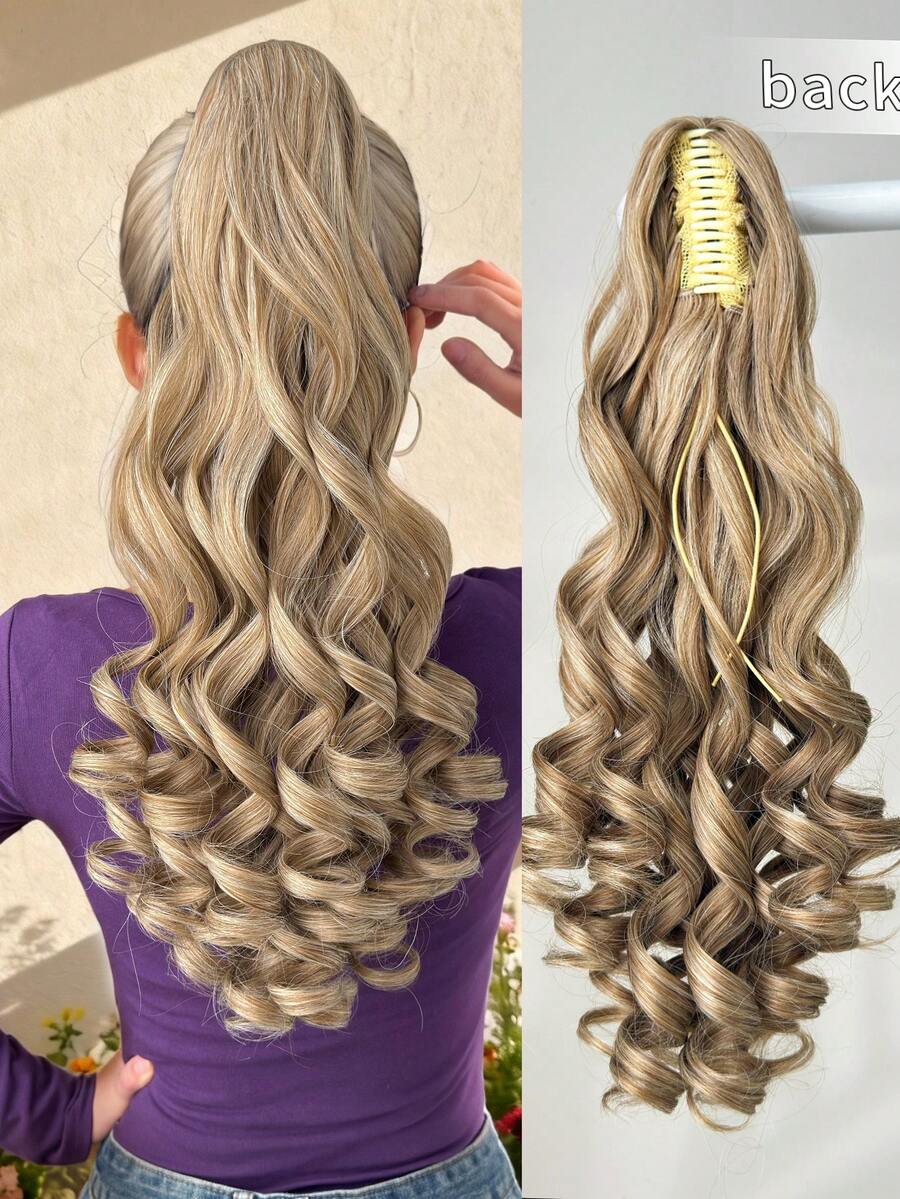 22-Inch Long Golden Wavy Curly Synthetic Ponytail Hair Extensions, Heat Resistant Fiber, Suitable For Women And Girls Daily Wear