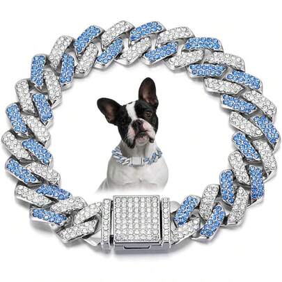 14mm Wide Silver-Blue Dog Collar With Artificial Diamonds, Cuban Chain Dog Collar, Metal Cat Necklace, Pet Crystal Necklace Jewelry Accessories Suitable For Small, Medium, Large Dogs And Cats