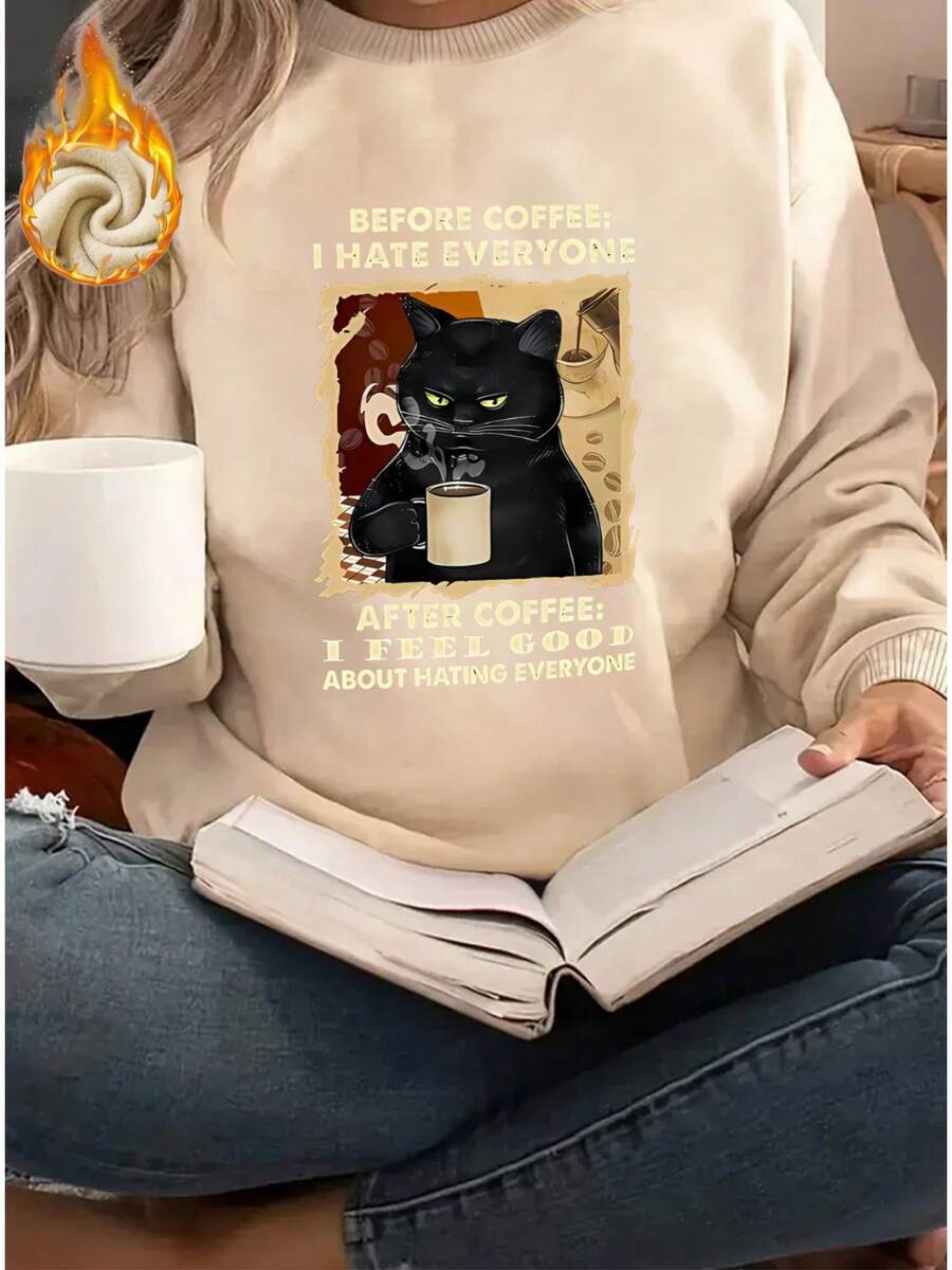 Women's Funny Coffee Cat Sweater - Pastel Pink With "Before Coffee I Hate Everyone" Saying - Thickened Pullover Sweater For Coffee Lovers - Soft Pink Sweater For Everyday Or Formal Outfits - Funny Gift For Women - Machine Washable All-Season Casual Sweater With Black Cat & Coffee Print - 杏色 - 查看 1