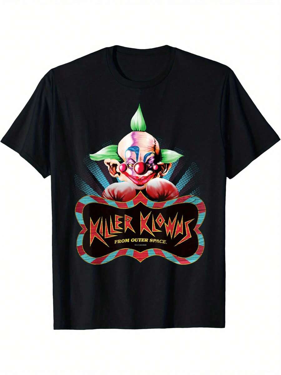 Camiseta Gráfica de los Payasos Asesinos del Espacio para Hombre - Suave y Transpirable, Tallas Grandes L-5XL, Camiseta de Manga Corta con Arte Cómico Retro, Cara de Payaso y Letras de Payasos para Halloween, Navidad, Uso Casual - Ropa Inspirada en Películas de Terror Vintage - Negro - Ver 1