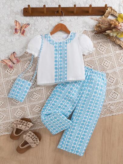 3pcs/Set Young Girl Summer Outfit: Blue Print White Blouse, Casual Straight Leg Pants, Crossbody Bag, Suitable For Daily, Outdoor, School, Commute, Vacation