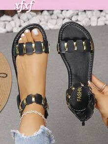 A Pair Of Retro, Stylish, And Casual Geometric Metal Sandals For Women, Perfect For Daily Commuting, Shopping, And More. They Are Also Ideal For Vacations And Make A Great Gift Exchange Option For Friends Or Family. - Black - View 1