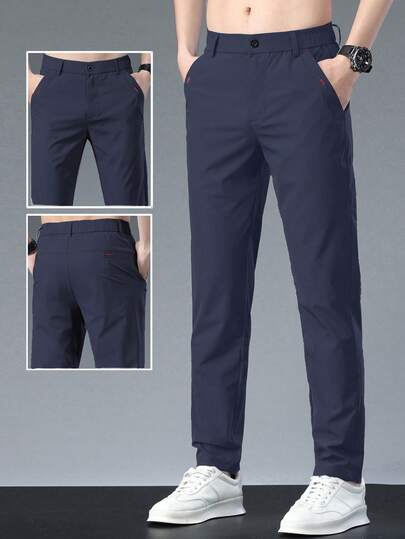 Pantalones casuales de unicolor con bolsillos y corte entallado para hombres
