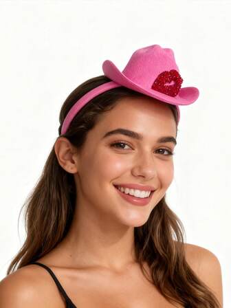 Alla hjärtans dag-hjärthatt-pannband, strass-inredd mini-cowboyhatt-pannband med röda läppar, glittrande dekorativ huvudbonad, lämplig för alla hjärtans dag-fester, nyårsfester, födelsedagsfester, temafester, rollspelsdräkter, resor, parkutflykter etc.