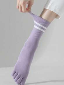 5 Pairs Women's Toe Separator Crew Socks - Solid & Striped Sports Socks, Breathable Stretch For Indoor Workouts & Yoga - 5 cặp - Xem 6