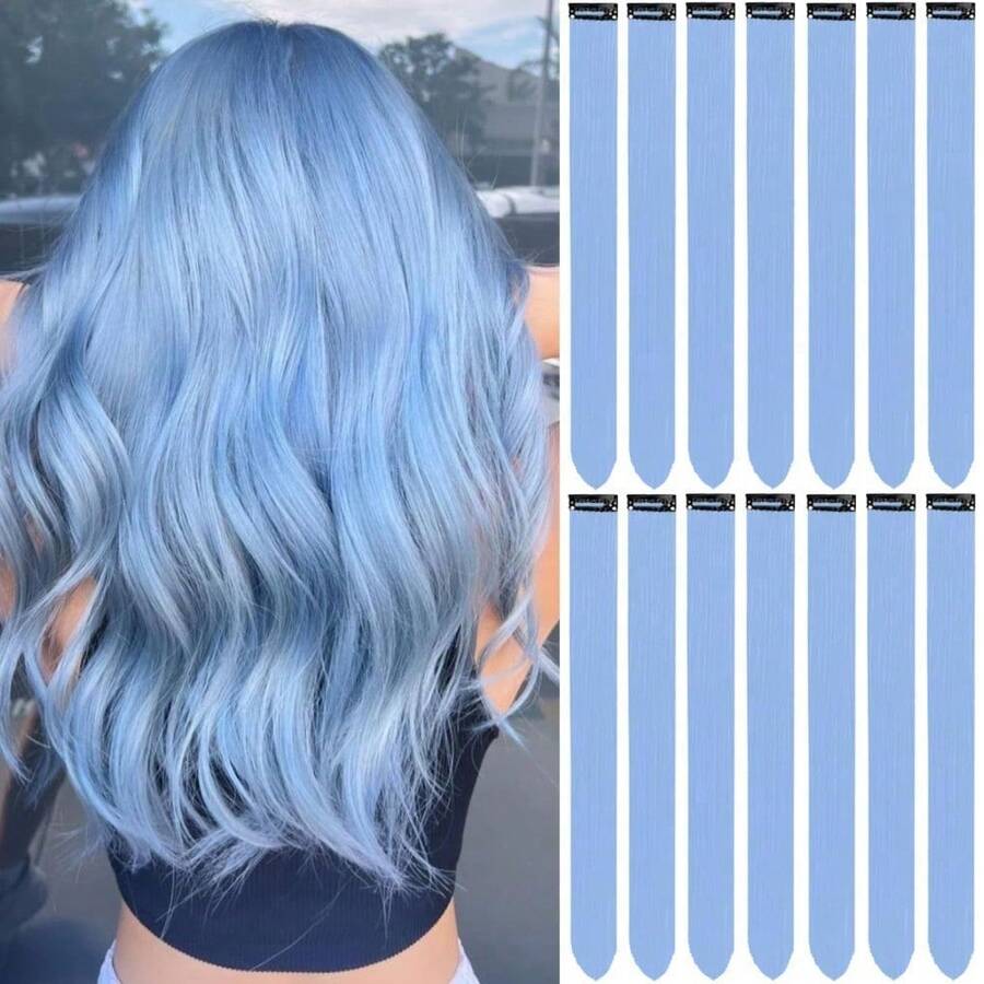 14 Pcs Baby Blue Haze Clip In Hair Extensions Synthetic Streaks Colorful Highlights Easy To Wear No Glue For Women Festive Party Cosplay - Haze Blue - 查看 1