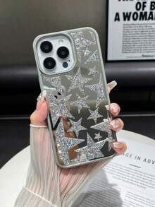 1 Peça Capa de Telefone 2 em 1 Prateada com Spray de Óleo, Sensação de Pele, Strass, Estrelas Grandes e Pequenas, Espelho Embutido e Anti-Queda, Compatível com iPhone 14 Pro Max/17 Pro Max - Prata - Visão 5