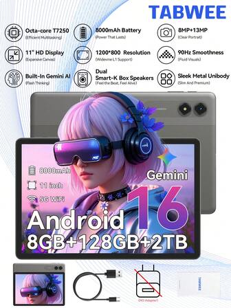  TABWEE T50 surfplatta, senaste Android 16 operativsystem, 11-tums HD IPS-skärm, 24 (6+18) GB RAM + 128 GB lagring/2 TB TF-kort, Gemini AI 2.0, GPS, 5G WiFi, 2,0 GHz processor och 5 MP kamera, 8000 mAh batteri, GMS-certifierad (adapter ingår ej)