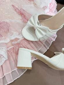 Cute New Thick Heel Round Toe Sandals With Bow Tie, Elegant & For Party, Prom, Banquet - White - View 9