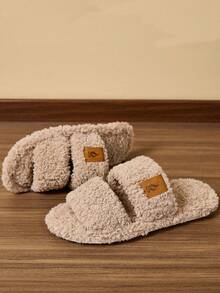 Papuci pufoși cu căptușeală termică, din material textil, culoare solidă, noi, pentru femei, pentru casă, primăvară/toamnă - Kaki - Vizualizare 5