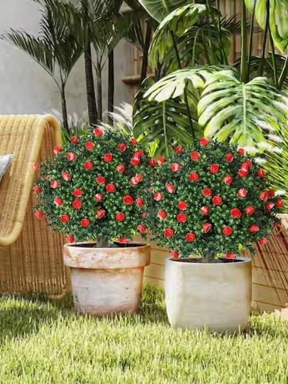[2D Plano] Boj artificial de azafrán de 22 pulgadas protegido contra rayos UV (con rosas) con enchufes de tierra con crestas pulidas y arbustos verdes - Plantas falsas vibrant para jardines, patios, porches y decoraciones de patio, ideal para festivales de cosecha, Halloween, decoraciones navideñas, decoraciones de jardín