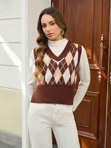 女士菱格纹针织罗纹毛衣背心，商务休闲上衣，毛衣背心，女士上衣，女士毛衣，女士工作装，女士休闲装，适合春、秋、夏季穿着 - 棕色 - 查看 9
