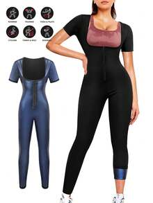 1pc 2025 New 4-In-1 Sauna Fitness Shaping Jumpsuit, Women's Exclusive Yoga Sauna Weight Loss Set: Solid Color Minimalist High Waist Butt-Lifting Short Sleeve Jumpsuit, Slim-Fit 7/8 Tummy Control Pants, Paired With Abdominal Fat Burning Training Tank Top, All-Around Sculpting S-Curve. The Perfect Fusion Of Athletic Fitness And Fashionable , Ultimate Shaping, A Of Fat-Burning! Let Your Confidence And Charm Radiate With Every Sweat-Drenched Workout!