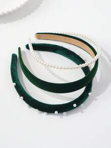 3pcs Versatile Elegant Velvet & Pearl Sponge Headbands Set, Suitable For Various Occasions - Dark Green - View 4