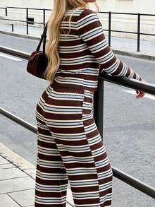 Women Two Piece Outfits Fashionable Striped Crew Neck Long Sleeve Slim Fit Button Up Tops And Pants Set - Coffee Brown - View 5