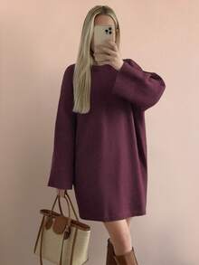 Women's Fall/Winter Korean-Style Elegant Loose-Fitting Sweater Dress, Gray Round-Neck Long Sleeves, Simplicity Leisure For Comfortable Wearing, Suitable For Daily Use And Going Out - Burgundy - View 9