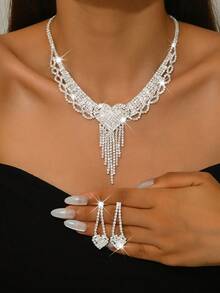 巴洛克风格心形流苏首饰套装：镶满水钻项链+耳环，新娘伴娘婚礼配饰，情人节礼物 - 彩色 - 查看 2