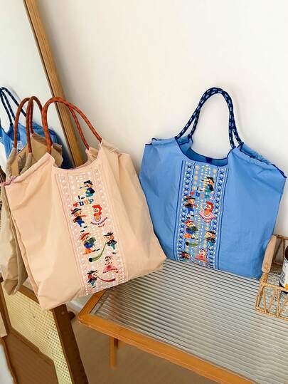 New Fashionable Embroidered Circus Pattern Foldable Storage Shopping Bag, Large Capacity Suitable For Commuting, Shopping, Beach, Party, Tote Handbag