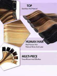 6片/套真人发接发片，带侧边挑染，无损伤假发，适合派对/日常佩戴，夹式接发片（1个夹子），自然无缝融合，质地柔顺，增加发量和长度，适合女性和女孩。 - 彩色 - 查看 3